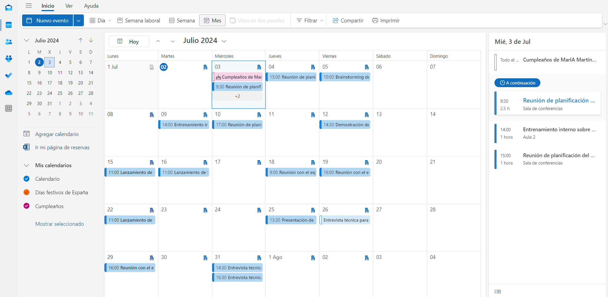 Pantalla principal del calendario de Outlook